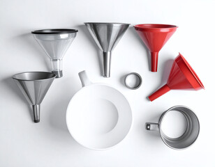 Flat lay of diverse red and metallic funnels on white, representing sales pipelines, marketing strategies, and optimized business processes for growth, efficiency, and lead conversion.