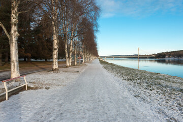 Bank of Kemijoki River in the city of Rovaniemi. Lapland, Finland.