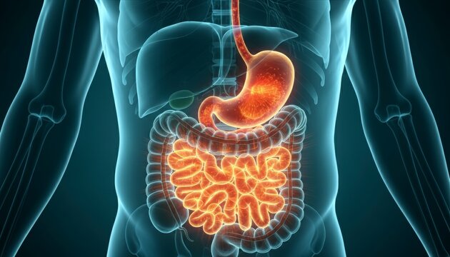 3D illustration of the human digestive system anatomy and internal organs.