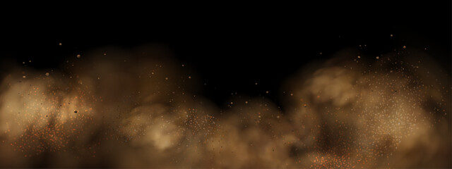 Realistic vector background of sandy smoke clouds and fine dust particles swirling in a desert storm. 