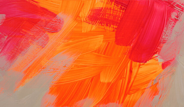 Art Oil, Acrylic brush stroke smear painting blot wall. Abstract texture beige white, neon orange, yellow, pink color stain background.
