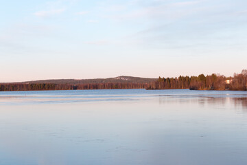Bank of Kemijoki River in the city of Rovaniemi. Lapland, Finland.