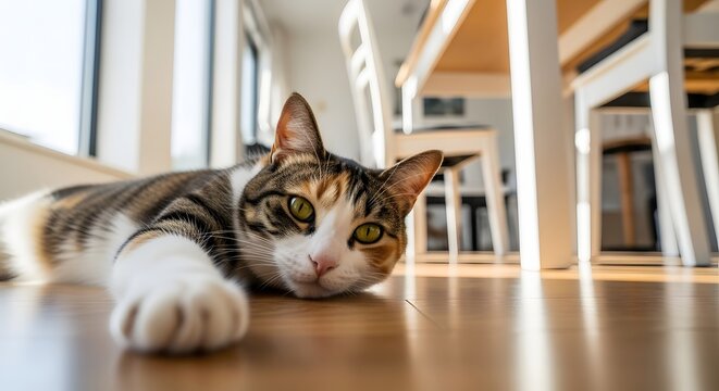 Close-up shot of a cute calico cat relaxing on a polished wooden floor, with soft natural light illuminating its fur and bright green eyes - Powered by Adobe