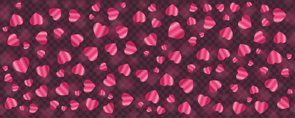 Pink 3D Scattered Hearts Pattern with Realistic Texture on Dark Red Festive Background for Valentine Day