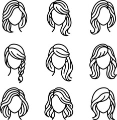 Minimal Female Hairstyle Vector Icons  Black & White Line-Art for Haircuts and Fashion Design