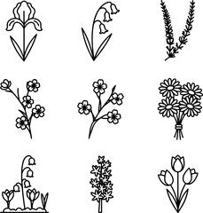 Minimal Spring and Summer Flower Vector Icons Black and White Line Art for Floral Design and Decoration
