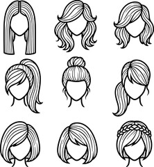 Minimal Female Hairstyle Vector Icons  Black & White Line-Art for Haircuts and Fashion Design