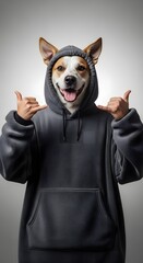 A cheerful dog wearing a dark grey hoodie, making a 'shaka' hand gesture with both hands and smiling at the camera against a plain grey backdrop, embodying a cool and playful canine persona
