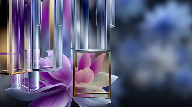 Purple magnolia blossom spinning beside geometric glass installation featuring purple, blue, gold rectangular prisms against blurred blue gray backdrop