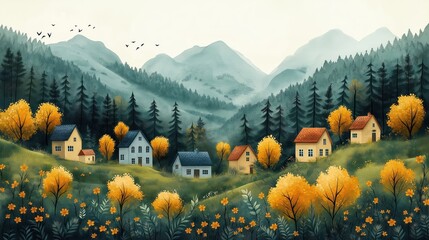 Charming village, watercolor painting, illustration, clip art