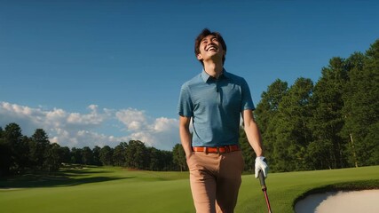 青空のフェアウェイ、初めての好ショットを確かめる男性の背中
