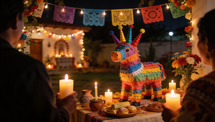 Traditional Mexican Posada Celebration, Warm Candlelight and Community Spirit on a Festive Night