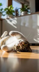 Playful tabby cat relaxing on its back on a warm, sun-drenched wooden floor, bright green eyes curiously fixed on the viewer, enjoying a peaceful golden hour indoors
