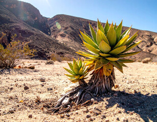 Stunning sundrenched desert landscape featuring resilient succulent plants against rugged mountains. A powerful metaphor for survival and growth, ideal for nature and travel themes.