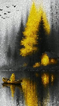 Solitary person in yellow raincoat rowing boat on calm lake by glowing cabin in dark moody forest, Made of Cubes

