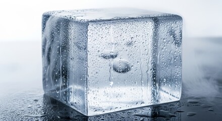 Clear ice cube with water droplets and condensation, studio shot, close-up