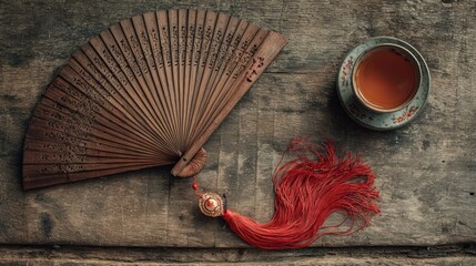 Wooden folding fan with a red tassel