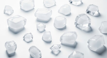 Scattered ice cubes on a white background, refreshing, cool, and abstract.