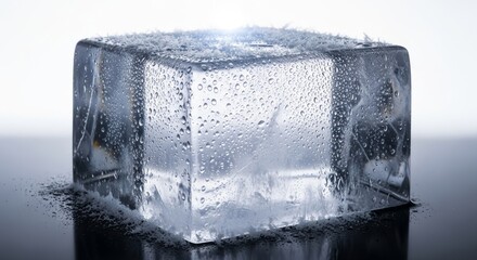 Melting Ice Cube with Water Droplets and Frost on Dark Surface