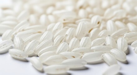 Close-up macro shot of uncooked white rice grains on a white background, food texture