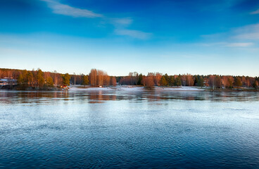 Bank of Kemijoki River in the city of Rovaniemi. Lapland, Finland. HDR.