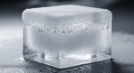 Melting Ice Cube with Frost and Water Droplets