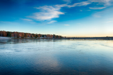 Bank of Kemijoki River in the city of Rovaniemi. Lapland, Finland. HDR.