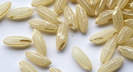 Brown rice grains scattered on a white surface, close-up, macro shot, healthy food