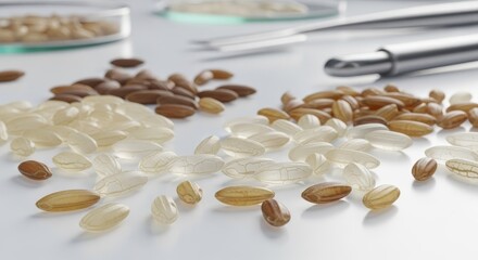 Rice grains, brown and white, in laboratory setting with scientific instruments