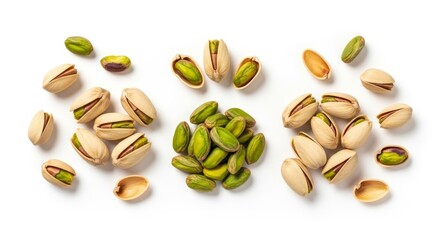 Pistachio Nuts Arrangement - Shelled and Unshelled Kernels Isolated on White