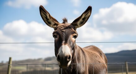 A charming donkey with long expressive ears gazes intently and with gentle curiosity from behind a rustic fence on a sunny rural farm, embodying peaceful countryside life