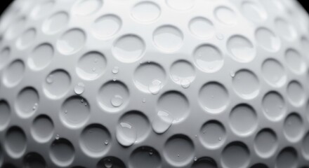 Close-up of a wet golf ball with dimples and water droplets, macro shot