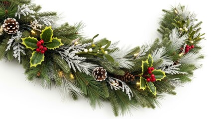 Frosted Pine Garland with Holly and Pinecones, Festive Holiday Decoration