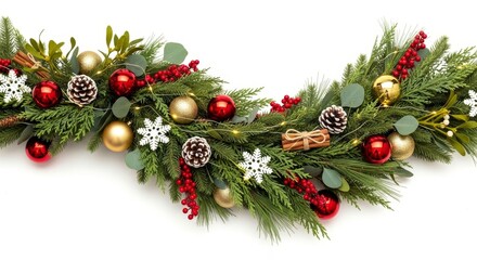 Festive Christmas Garland with Ornaments, Pine Cones, Berries and Snowflakes