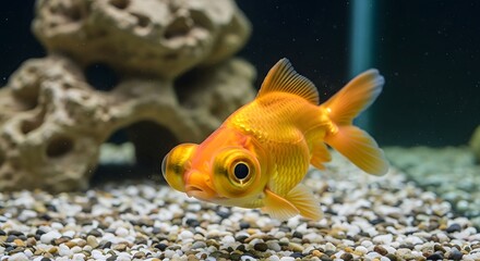 A close-up, detailed underwater shot of a unique and fascinating goldfish with prominent, bubble-like eyes, swimming gracefully in a well-maintained aquarium filled with colorful pebbles