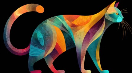 Neon abstract cat illustration of vibrant layered textures