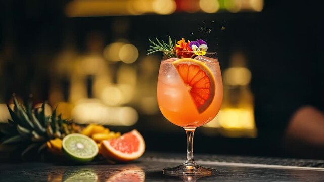 Cocktail garnishing hands placing garnish on a refreshing drink
