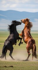 Dynamic moment of two majestic wild horses engaging in a spirited interaction, rearing up in a display of strength and freedom across a vast, scenic grassland under a wide sky