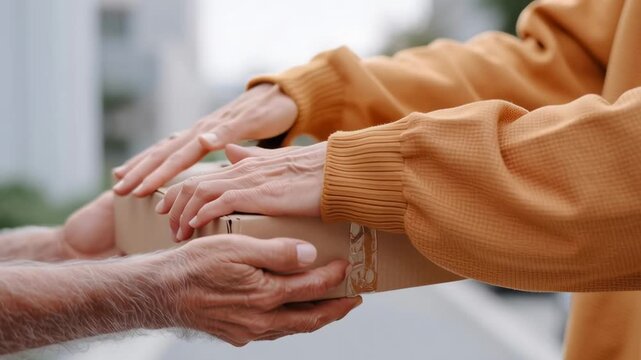 A man is handing a brown box to a woman. The box is wrapped in tape and has a white label on it. The man and woman are standing on a sidewalk