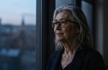Senior woman contemplating city view from window