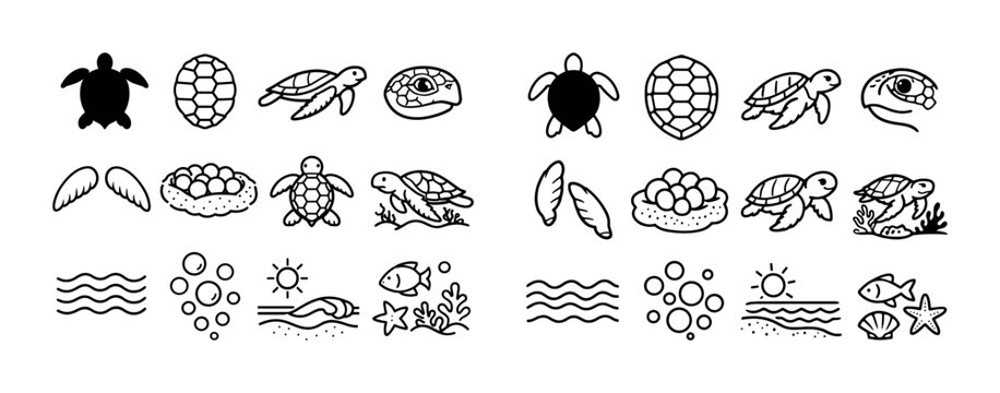 Sea turtle and marine life icons: shells, nests, fish, and waves