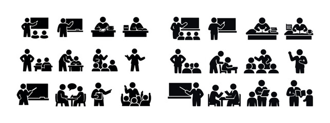 Obraz premium Various classroom teaching and learning activities illustrated in black silhouettes