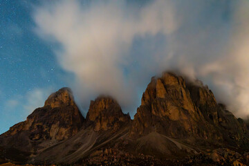 Starry sky over the Langkofel group in South Tyrol, Italy.