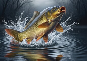 A large common carp fish leaps out of dark water, splashing water droplets and creating ripples on the surface, with bare tree branches in the background