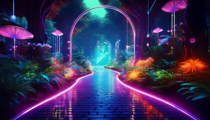 neon lit surreal garden path reflects glowing digital structures