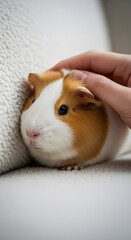 A tender moment of gentle petting on a charming brown and white guinea pig by a human hand, evoking pure comfort and joyful companionship in a cozy home setting