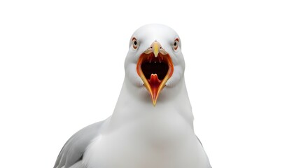 Close-up of a white seagull with its beak wide open, captured mid-squawk against a clean background, portraying a loud and expressive vocalization