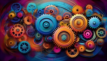 abstract image of various colored interconnected gears cogs and mechanical devices in motion representing the complexity and dynamics of technology innovation and engineering systems