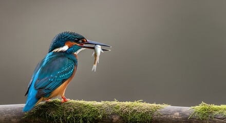 A Majestic Kingfisher Bird Perched on a Mossy Branch, Clutching a Small Fish in Its Beak - A Stunning Wildlife Photograph Capturing a Moment of Nature's Brilliance