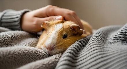 A gentle hand caresses a content guinea pig, peacefully snuggled on a soft blanket, capturing a heartwarming moment of pet companionship and tender care